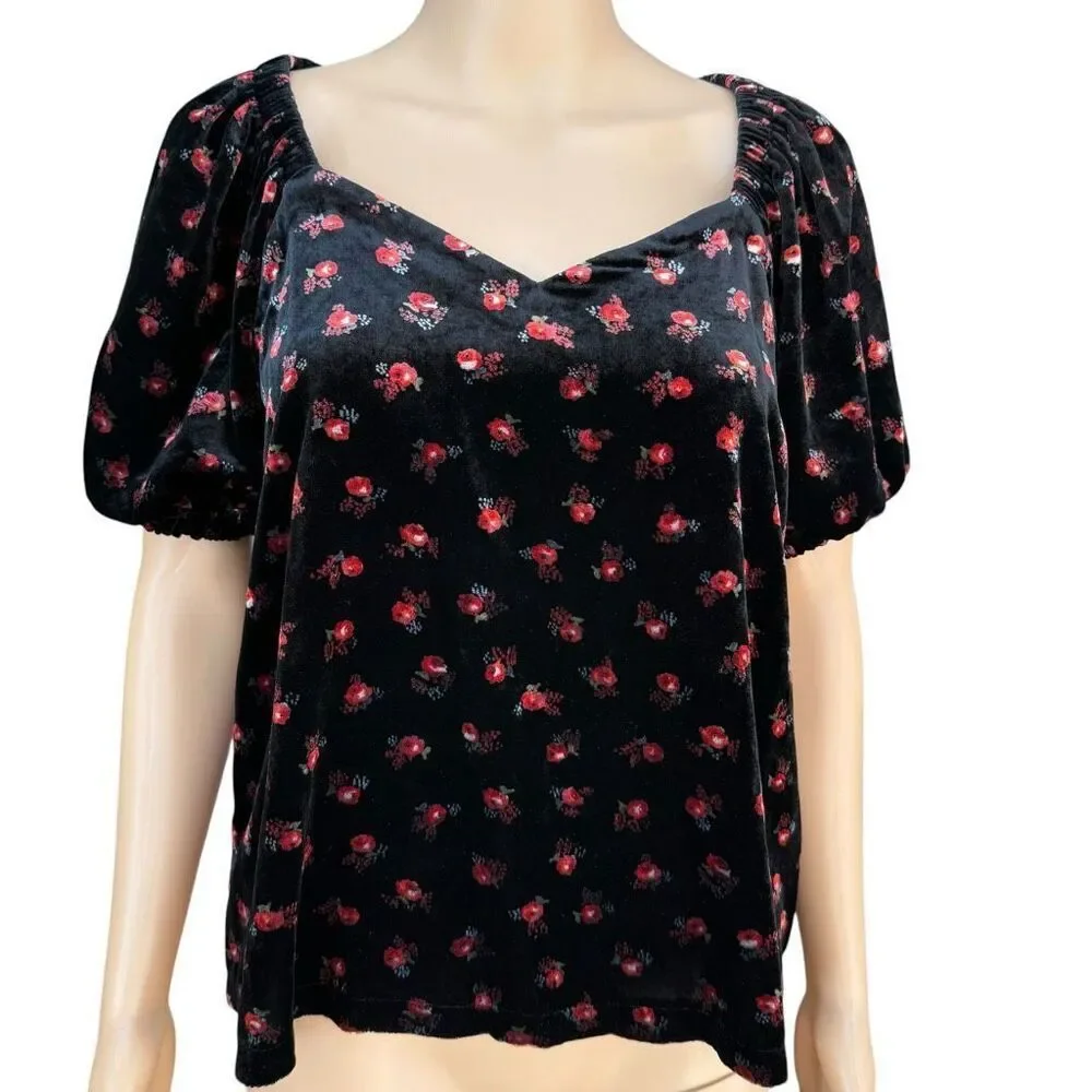 Loft Women’s Floral Velvet Puff Sleeve Top blouse red/black size MP